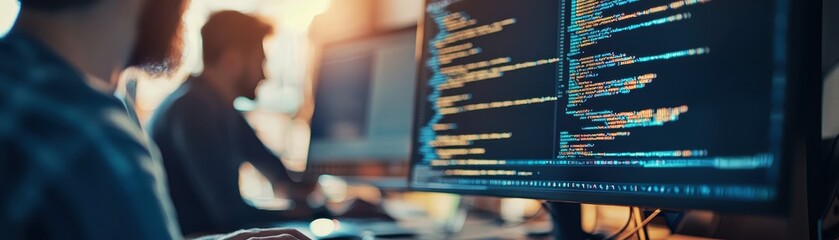 Programmer working on a computer with code on the screen in a modern office environment, focusing on software development and coding.