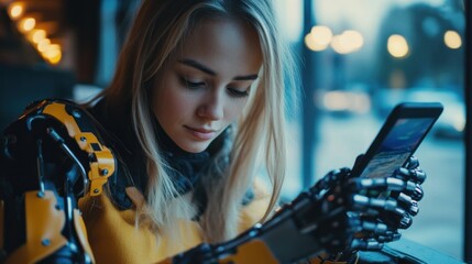 Canvas Print - Woman with Prosthetic Arm using a Smartphone