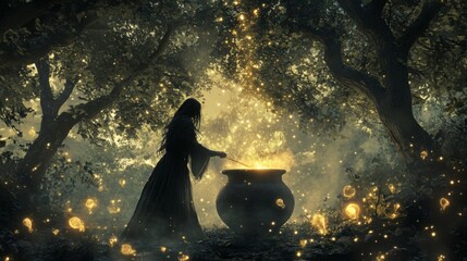 Wall Mural - A Silhouetted Witch Stirring a Cauldron in a Mystical Forest