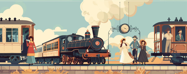 Wall Mural - Nostalgic train station with vintage locomotives and travelers in period clothing, flat, vector illustration, vintage hand drawn.