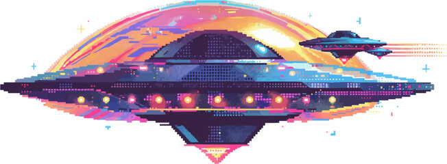 Wall Mural - pixelated alien spaceship icon pixel art on white isolated background, vector design.