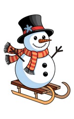 Canvas Print - snowman on a sled cartoon