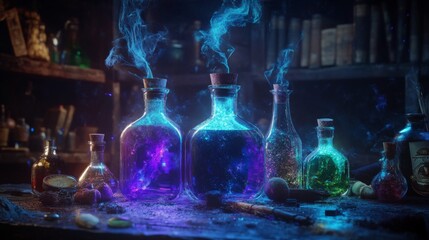 Mystical Potions Glowing with Ethereal Smoke in a Dark Laboratory