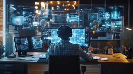 realistic photo of a person working in an interactive virtual workspace