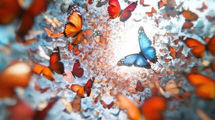 Wall Mural - A Blue Butterfly Breaks Through a Swarm of Orange Butterflies