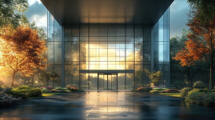 Sleek Corporate Building with Glass Windows for Business Presentations and Architectural Overviews