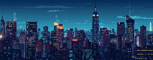 Wall Mural - create pixel art of a bustling city skyline at night, pixel art on white isolated background, vector