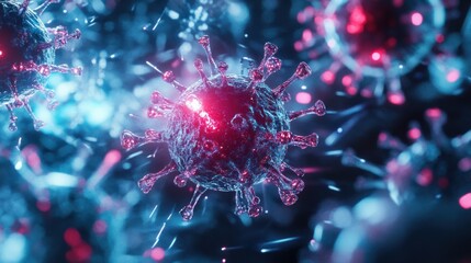 A high-tech visualization of a virus being eradicated by medical treatment, with futuristic glowing effects.