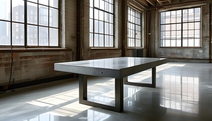 Wall Mural - Chic Polished Concrete Table Set Against Industrial Windows in Spacious Urban Loft for Stylish Product Presentation