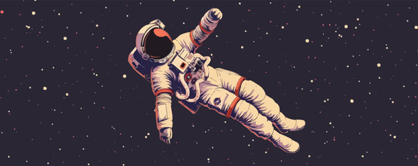 Wall Mural - cute pin-up astronaut in a vintage space suit, floating in space, flat, vector illustration, pin-up 