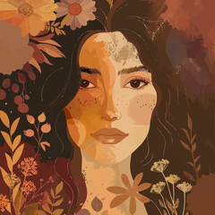 Wall Mural - A woman with brown hair and brown eyes is the main subject of the image. She is surrounded by a variety of flowers, including daisies, and is wearing a brown dress. Scene is one of beauty