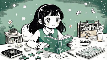 A young girl reading a book in a cozy room with green accents