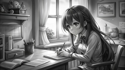 Sticker - Anime Girl Writing at a Desk in a Monochromatic Room