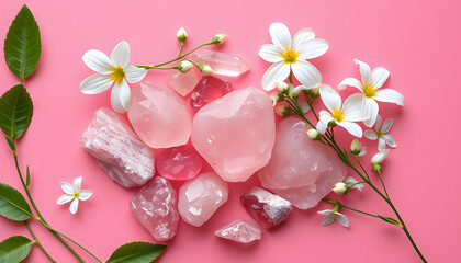 Wall Mural - Rose quartz minerals set and white flowers on pink background. gemstones for esoteric spiritual relax practice, Magic Crystal Ritual, Witchcraft, open Chakra. Feng Shui, reiki therapy. top view isol