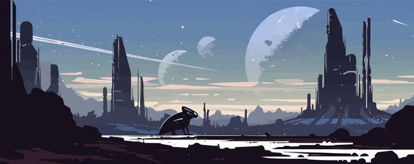 Wall Mural - a desolate landscape with a large alien creature walking through it. the sky is blue and the sun is 