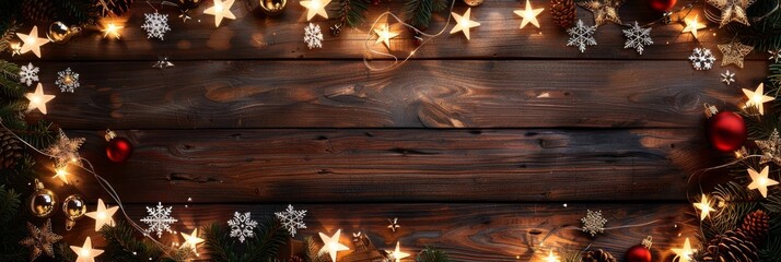Wall Mural - create a warm and festive holiday atmosphere with twinkling christmas lights on a rustic wooden back