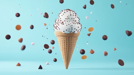 Wall Mural - A whimsical ice cream cone with sprinkles against a vibrant blue background.