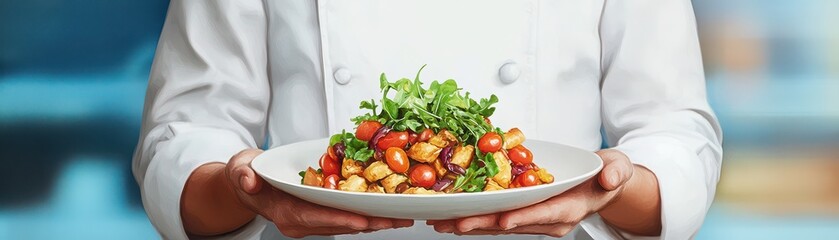 A chef presenting a fresh vegetable dish, emphasizing vibrant colors and healthy ingredients for culinary inspiration.