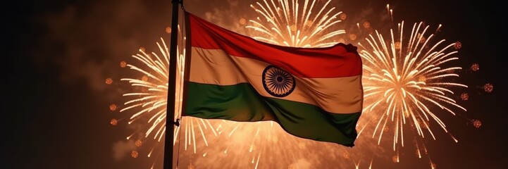 Celebrate India's spirit with a vibrant display of the national flag against a backdrop of colorful fireworks, capturing the essence of patriotism and celebration.