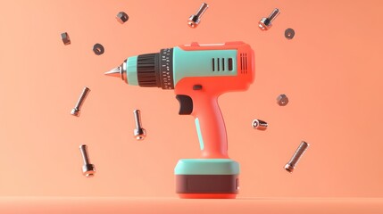 Wall Mural - A colorful drill surrounded by screws, emphasizing tools for construction or DIY projects.