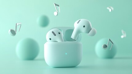 Wall Mural - Wireless earbuds in a mint-colored case with musical notes floating around.