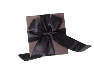 Wall Mural - Black Friday Sale. Gift box with black ribbon bow isolated on white transparent, top view