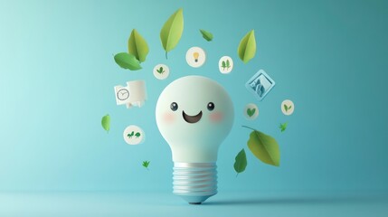 Canvas Print - A cheerful light bulb surrounded by leaves and icons representing eco-friendly ideas.