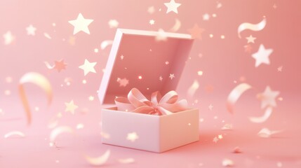 Wall Mural - A pastel gift box with a ribbon, surrounded by stars and confetti, suggesting celebration.