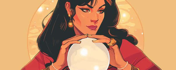 Poster - Sultry pin-up fortune teller with a crystal ball, predicting the future, flat, vector illustration, pin-up style.