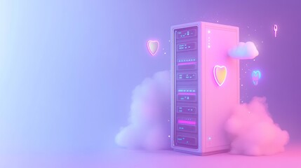 Wall Mural - A stylized server tower surrounded by clouds and heart icons, representing digital connectivity.