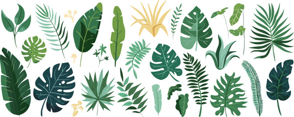 Exotic jungle greenery elements, Vector flat minimalistic isolated illustration