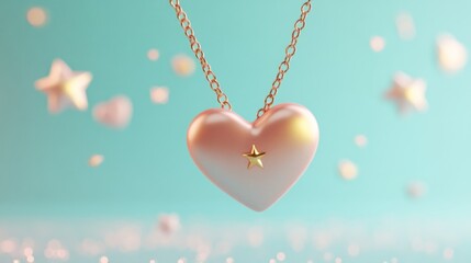 Poster - A heart-shaped necklace with a star, surrounded by floating stars against a soft background.