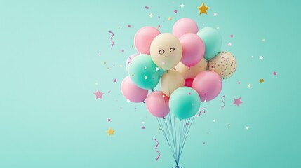 Wall Mural - A colorful bunch of balloons with confetti against a light blue background.