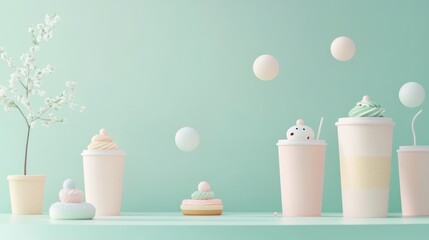 Wall Mural - A whimsical arrangement of pastel desserts and drinks on a mint-colored background.