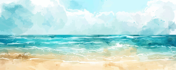 Wall Mural - Tranquil beach watercolor background with soft sands and ocean blues, flat, vector illustration.