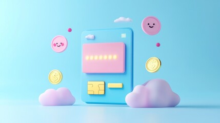 Wall Mural - A colorful digital credit card surrounded by playful coins and clouds.