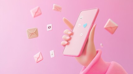 Canvas Print - A hand holding a pink smartphone with floating icons on a pink background.