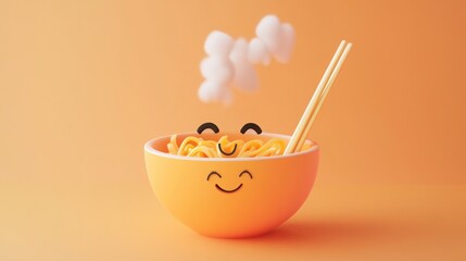 Canvas Print - A cheerful bowl of noodles with smiling face and steam, set against a warm orange background.