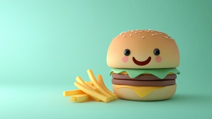 Sticker - A cute, cartoonish hamburger with a smiling face, accompanied by a side of fries.