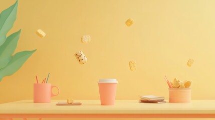 Poster - A playful arrangement of snacks and drinks on a pastel table against a yellow background.