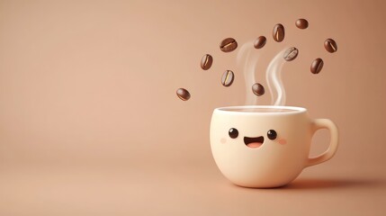 Sticker - A cute coffee cup with a smiling face, steam, and coffee beans floating above.