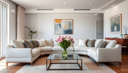 Modern living room with a neutral-colored sofa, a glass coffee table with a vase of fresh flowers, and abstract art on the walls. 