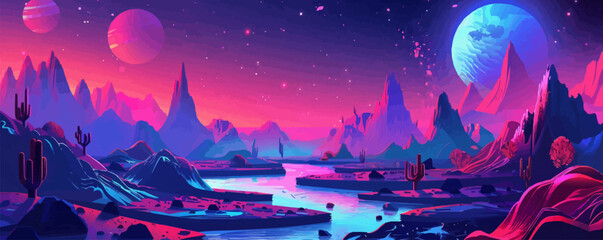 Wall Mural - futuristic landscape, neon-lit mountains and rivers, sci-fi world, neon style, vector illustration, 
