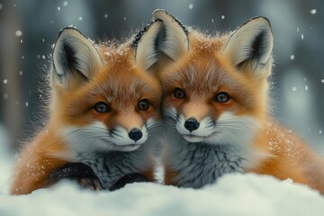 Wall Mural - arctic wonderland frolic pair of adorable red fox kits play in pristine snowcovered landscape northe