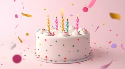 Sticker - A decorated birthday cake with candles and colorful confetti on a pink background.