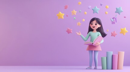 Poster - A cheerful girl with a book surrounded by colorful stars and blocks, symbolizing imagination.