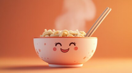 A cheerful bowl of noodles with smiling face and steam, evoking warmth and comfort.