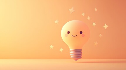 Wall Mural - A cute light bulb character with a smiling face and sparkles against a soft background.