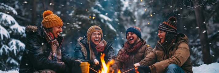 In the middle of a beautiful winter forest, friends come together next to a warm campfire, enjoying each others company and making happy memories while surrounded by a cozy atmosphere