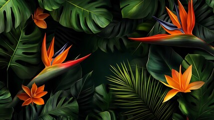 Wall Mural - A vibrant arrangement of tropical plants and flowers, showcasing lush greenery and colorful blooms.